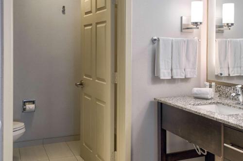 a bathroom with a sink and a toilet and a door at Homewood Suites by Hilton Mobile Airport-University Area in Mobile