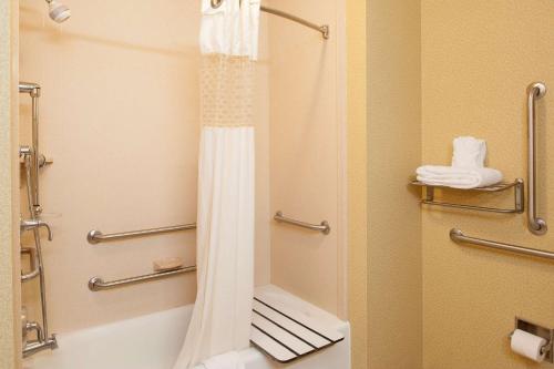a bathroom with a shower with a shower curtain at Hampton Inn Macomb in Macomb