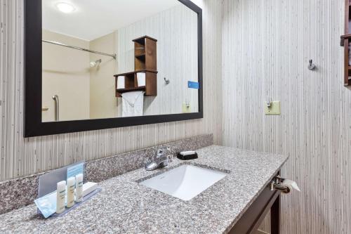 a bathroom with a sink and a mirror at Hampton Inn Monroe in Monroe