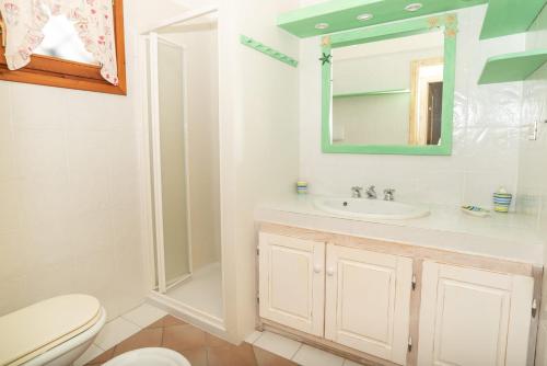 La salle de bains est pourvue d'un lavabo, de toilettes et d'un miroir. dans l'établissement trilocale con piscina, à Arzachena