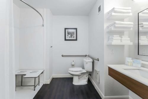 een witte badkamer met een toilet en een wastafel bij Hampton Inn Heath in Heath