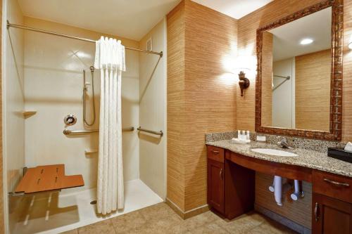 uma casa de banho com um chuveiro, um lavatório e um espelho. em Homewood Suites by Hilton Ocala at Heath Brook em Ocala