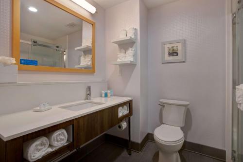 a bathroom with a toilet and a sink and a mirror at Hampton Inn Olive Branch in Olive Branch
