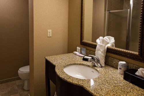 a bathroom with a sink and a toilet and a mirror at Hampton Inn by Hilton Napanee in Napanee