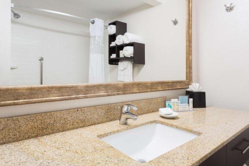 a bathroom with a sink and a large mirror at Hampton Inn Pittsburgh/West Mifflin in West Mifflin