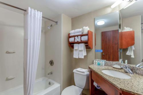 a bathroom with a sink and a toilet and a shower at Hampton Inn East Peoria in Peoria