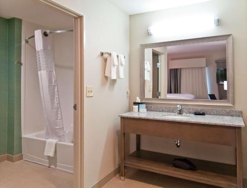 a bathroom with a sink and a tub and a mirror at Hampton Inn & Suites Pensacola/I-10 Pine Forest Road in Pensacola