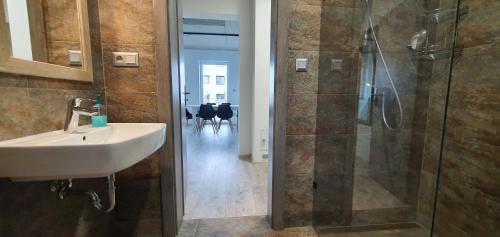 a bathroom with a sink and a shower at Penzion Panorama in Liptovský Mikuláš
