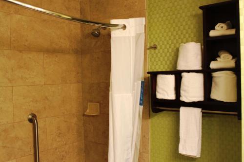 a bathroom with a shower and a shower curtain and towels at Hampton Inn Perry in Perry