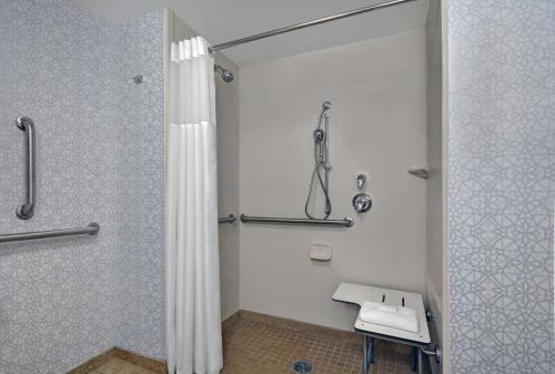 Hampton Inn Bath - Brunswick Area , ME في باث: حمام مع دش ومغسلة