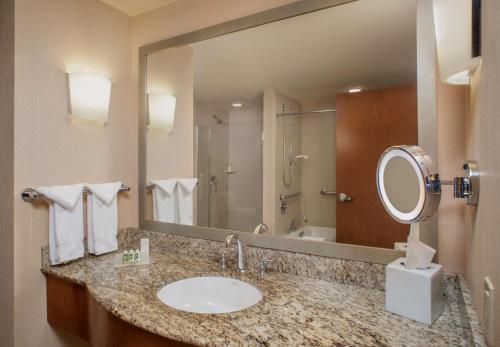 a bathroom with a sink and a large mirror at Hilton Garden Inn Portland Downtown Waterfront in Portland