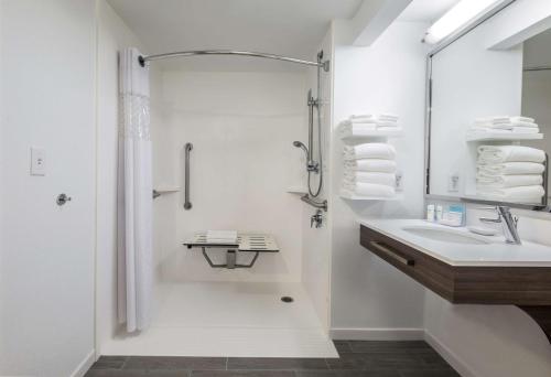 ein weißes Bad mit einem Waschbecken und einer Dusche in der Unterkunft Hampton Inn Freeport/Brunswick in Freeport