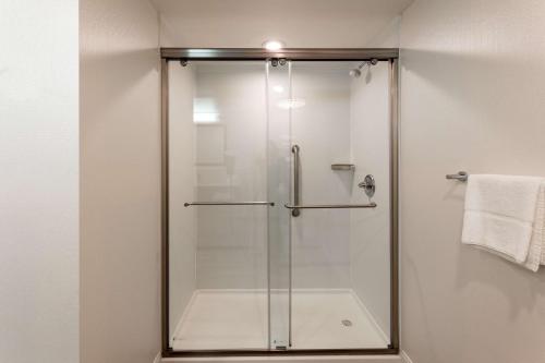 a shower with a glass door in a bathroom at Hampton Inn & Suites Raleigh Cary Lenovo Center in Cary