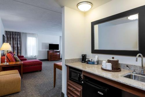 Habitación de hotel con lavabo y sala de estar. en Hampton Inn Roanoke/Hollins - I-81, en Roanoke