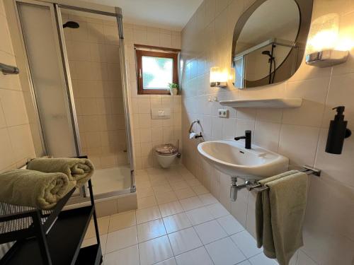 a bathroom with a sink and a shower at Apartment Riedwiese in Hörbranz