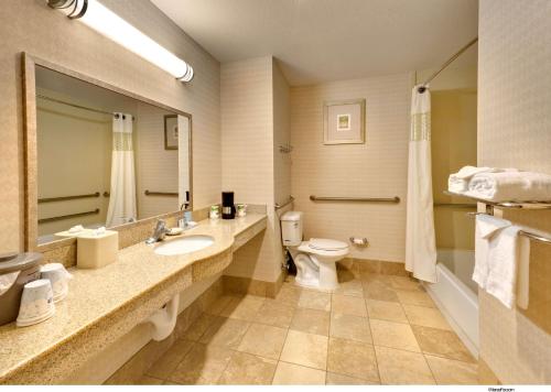 a bathroom with a toilet and a sink and a mirror at Hampton Inn & Suites Reno in Reno