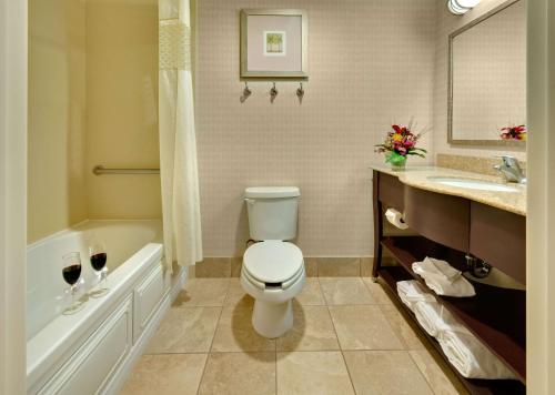 a bathroom with a toilet and a tub and a sink at Hampton Inn & Suites Reno in Reno