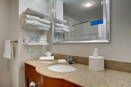 a bathroom with a sink and a mirror and towels at Hampton Inn Rolla in Rolla