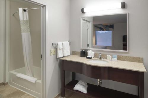 a bathroom with a sink and a mirror and a shower at Hampton Inn & Suites Rochester-North in Rochester