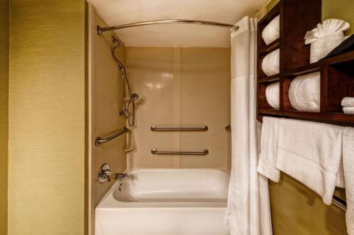 a bathroom with a shower and a white bath tub at Hampton Inn Rocky Mount in Rocky Mount