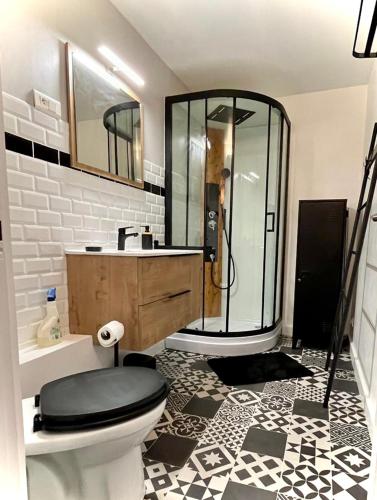 une salle de bain avec douche et toilettes dans l'établissement La Maison du bonheur GÎTE LE COQUET, à Largentière