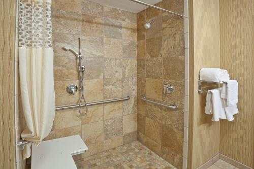 y baño con ducha y cortina de ducha. en Hampton Inn Matamoras en Matamoras