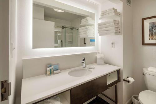 W łazience znajduje się umywalka, lustro i toaleta. w obiekcie Hampton Inn Louisville Northeast w mieście Louisville