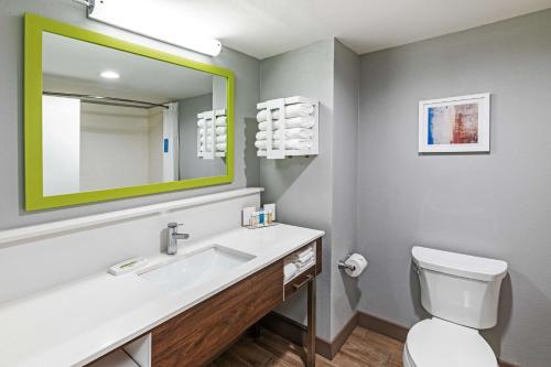 La salle de bains est pourvue d'un lavabo, d'un miroir et de toilettes. dans l'établissement Hampton Inn Sulphur, à Sulphur