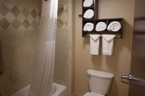 a bathroom with a shower and a toilet and towels at Hampton Inn & Suites Stillwater in Stillwater