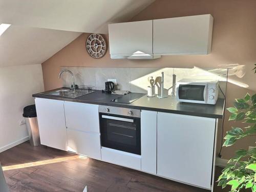 een keuken met witte kasten en een magnetron bij Le Saint-Quentin in Longeville-lès-Metz