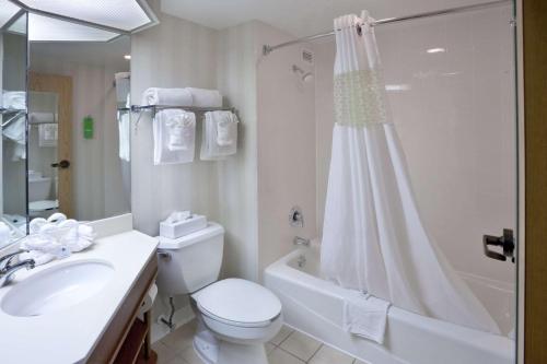 y baño con aseo, lavabo y ducha. en Hampton Inn St Charles St Peters, en St. Charles