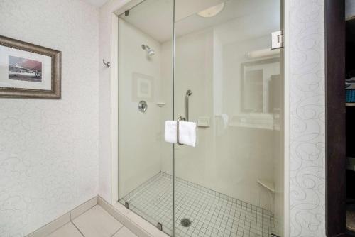 a bathroom with a shower with a glass door at Hampton Inn and Suites Tulsa/Catoosa in Catoosa