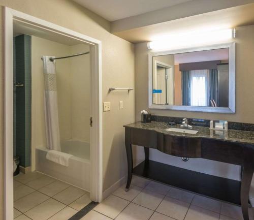 a bathroom with a sink and a shower and a mirror at Hampton Inn New Albany in New Albany