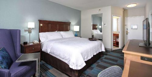 a hotel room with a bed and a purple couch at Hampton Inn Tucson-Airport in Tucson