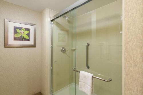 a shower with a glass door in a bathroom at Hampton Inn Texarkana in Texarkana