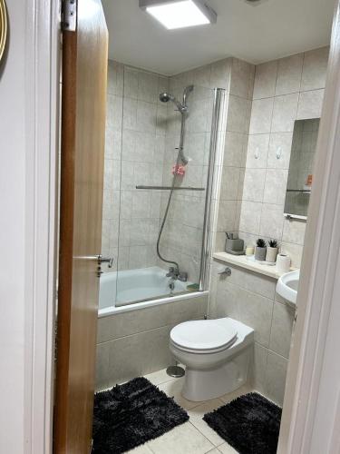 a bathroom with a toilet and a tub and a sink at Bayswater Apartments in London