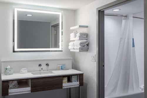 a bathroom with a sink and a mirror and a shower at Hampton Inn Knoxville-West At Cedar Bluff in Knoxville