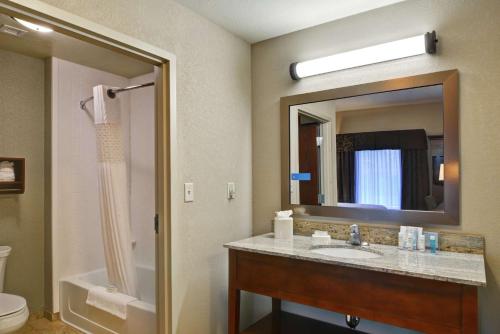 a bathroom with a sink and a toilet and a mirror at Hampton Inn and Suites New Hartford/Utica in New Hartford