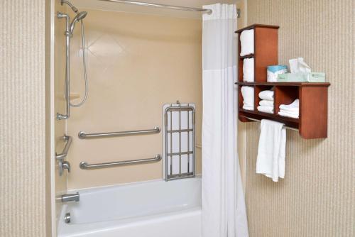 La salle de bains est pourvue d'une douche et d'une baignoire. dans l'établissement Hampton Inn Wytheville, à Wytheville