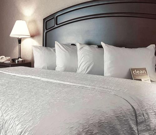 Hampton Inn & Suites by Hilton Edmonton International Airport في ليدوك: غرفة نوم بسرير ومخدات بيضاء ومصباح