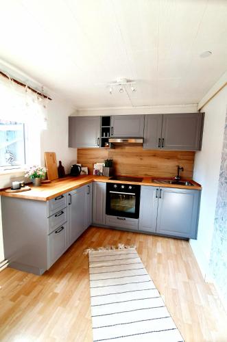 a kitchen with stainless steel appliances and wooden floors at Stationshuset Dalarna Apartments in Sörsjön