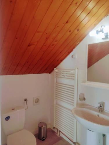a bathroom with a toilet and a sink at Boutique apartment 80 sqm in Porumbacu de Sus