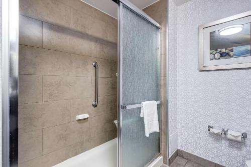 a bathroom with a shower with a glass door at Hampton Inn & Suites by Hilton Brantford in Brantford