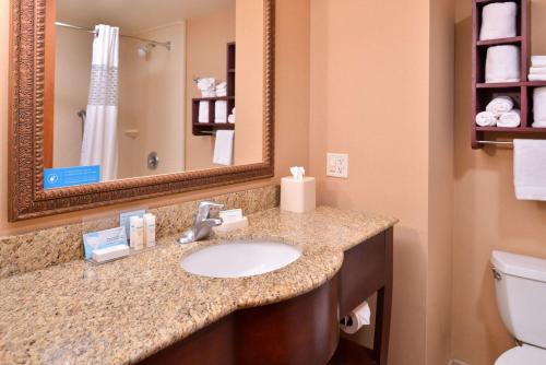 a bathroom with a sink and a mirror and a toilet at Hampton Inn York in York