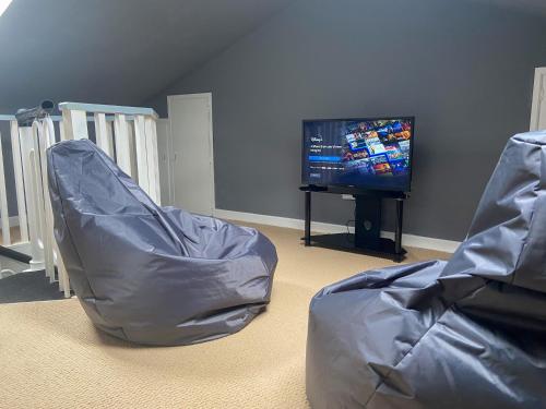 a living room with two chairs and a flat screen tv at Sunset Cottage in Kenmare