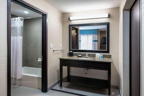 a bathroom with a sink and a mirror and a tub at Hampton Inn by Hilton Winnipeg in Winnipeg