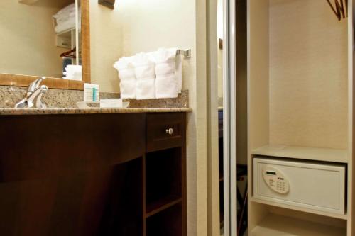 a bathroom with a sink and a counter with towels at Homewood Suites by Hilton Toronto Vaughan in Vaughan