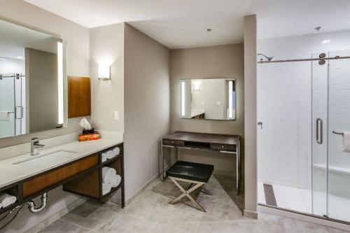 La salle de bains est pourvue d'un lavabo et d'une douche. dans l'établissement Hilton Garden Inn Ames, à Ames