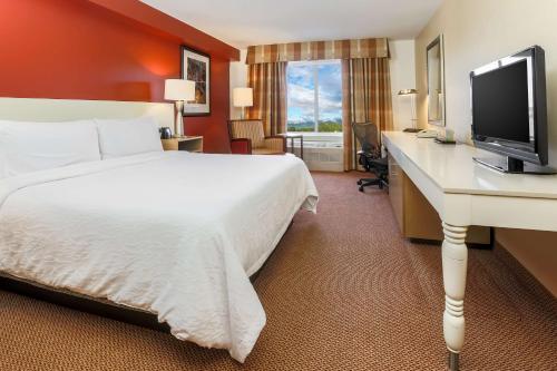 アンカレッジにあるHilton Garden Inn Anchorageのベッド、デスク、テレビが備わるホテルルームです。
