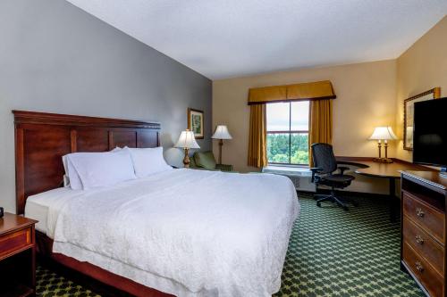 Habitación de hotel con cama, escritorio y TV. en Hampton Inn Lawrenceville Duluth en Lawrenceville